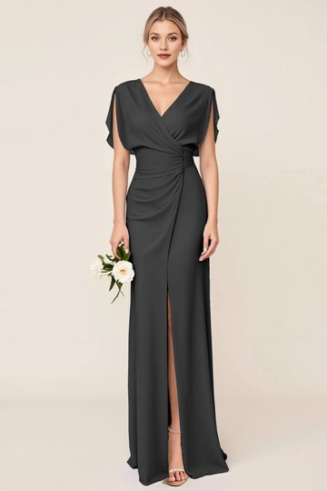 V-Neck Draped Sleeve Chiffon Bridesmaid Dress with Ruched Waist & Slit