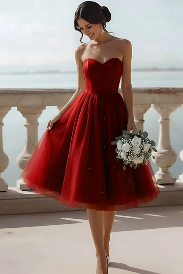 Romantic A-Line Sweetheart Strapless Tulle Lace-Up Cocktail Dress Prom Dress