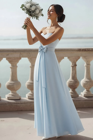 Light Blue Strapless Sweetheart Chiffon Bridesmaid Dress with Bow Sash