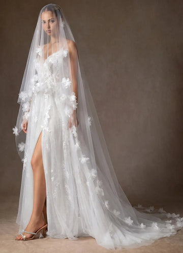 Dreamy Sheer Tulle 3D Floral Chapel Length Bridal Wedding Veil
