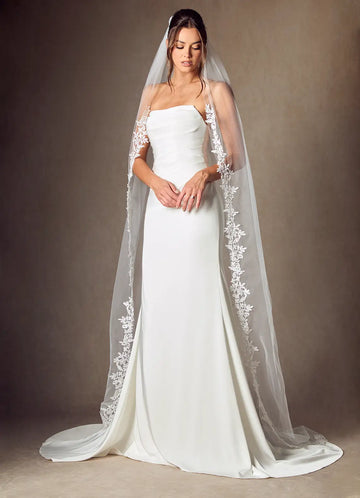 Romantic Sheer Tulle Floral Lace Border Chapel Bridal Wedding Veil
