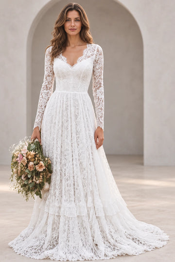 Vedress floral lace A-line wedding dress with a scalloped V-neck, sheer long sleeves and a gathered skirt with a ruffled hem, front view
