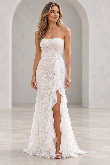 Vedress strapless floral lace mermaid wedding dress with a straight neckline, high front slit and cascading waterfall ruffle, front view