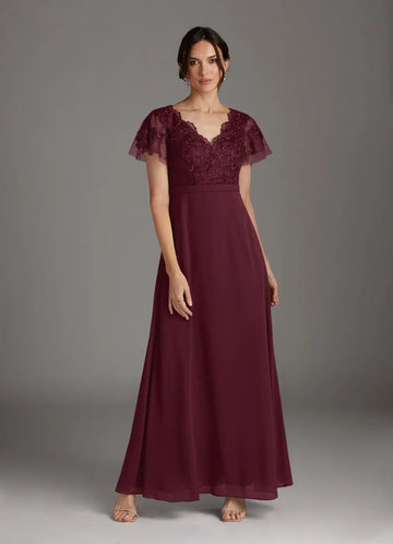 Elegant A-line V-neck Sleeveless Chiffon Lace Mother of the Bride Dress Evening Gown