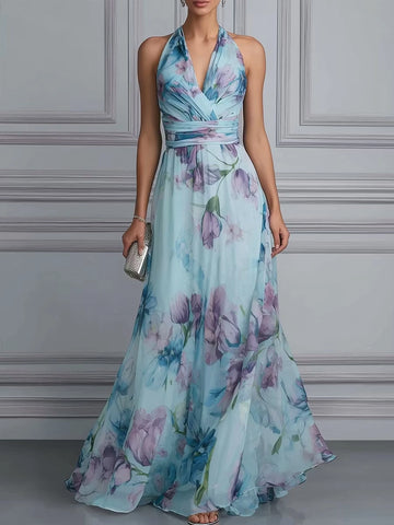 Floral Mermaid Halter Sleeveless Open Back Floor Length Bridesmaid Dress