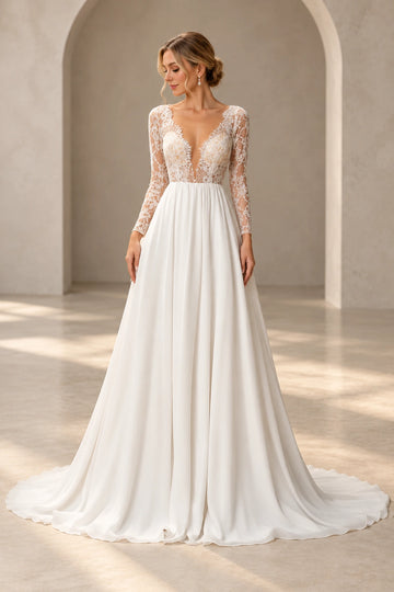 Vedress A-line wedding dress with a plunging V-neck, floral lace bodice, sheer long sleeves and a flowing floor-length chiffon skirt.