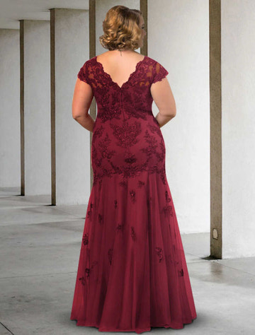 Lace Mermaid Mother of the Bride Dress | V-Neck Cap Sleeve Formal Evening Gown
