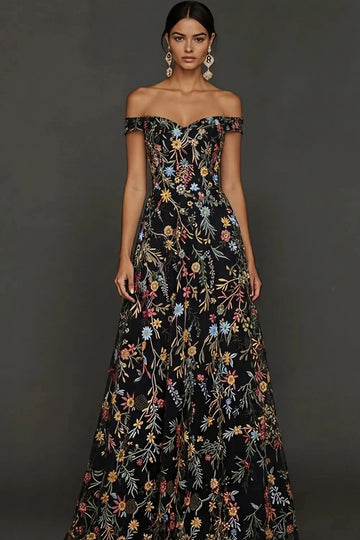 Romantic A Line Sweetheart Off Shoulder Floral Embroidered Floor Length Wedding Guest Dress