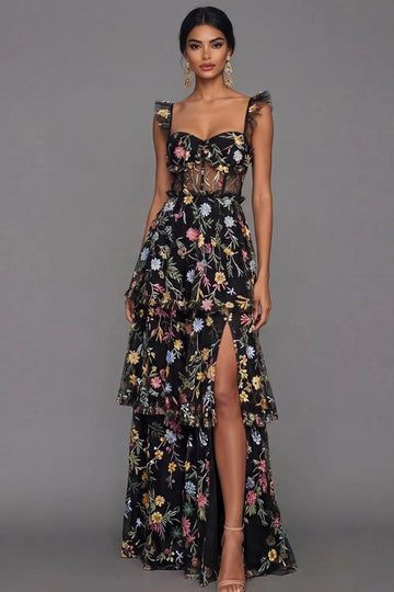 Romantic A Line Sweetheart Ruffle Strap Floral Embroidered Tiered Wedding Guest Dress