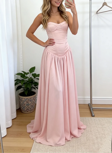 Elegant Blush Pink Satin Corset Lace-Up Back Maxi Dress& A-Line Floor-Length Formal Gown