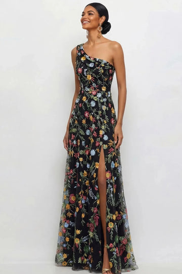 Chic A Line One Shoulder Floral Embroidered Slit Floor Length Wedding Guest Dress