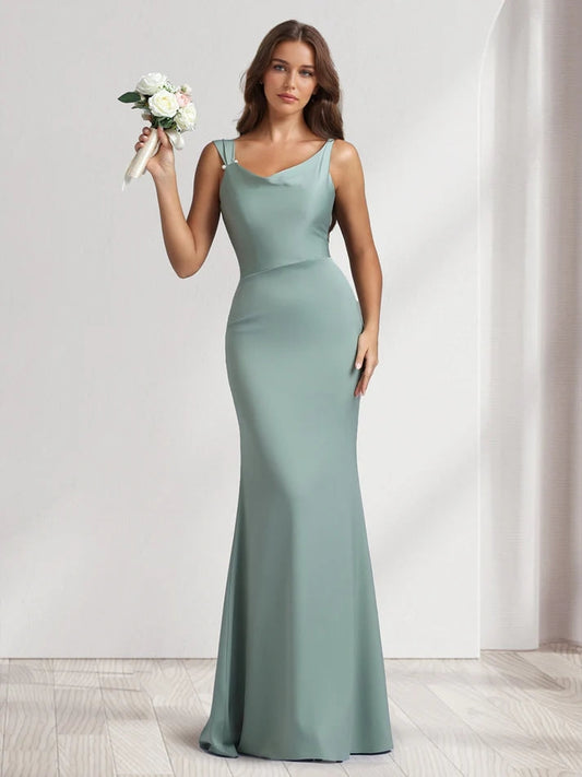 Sheath/Column Mermaid Cowl Neck Stretch Satin Floor-Length Gown Bridesmaid Dresses with Beadings