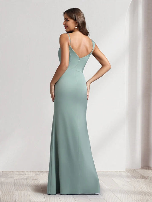 Sheath/Column Mermaid Cowl Neck Stretch Satin Floor-Length Gown Bridesmaid Dresses with Beadings