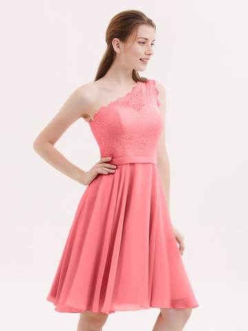 One Shoulder Lace Top A-Line Knee-Length Chiffon Bridesmaid Homecoming Short Dress