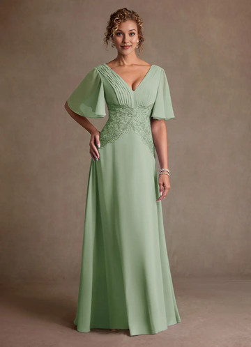 V-Neck Flutter Sleeve Lace Waist Chiffon A-Line Floor-Length Mother of the Bride Dress