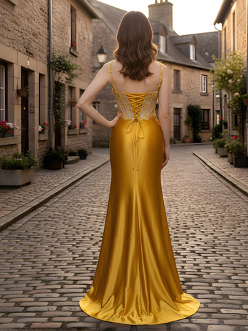 Luxury Gold Satin Mermaid Evening Dress with Sheer Beaded Corset and High Slit for Formal Events