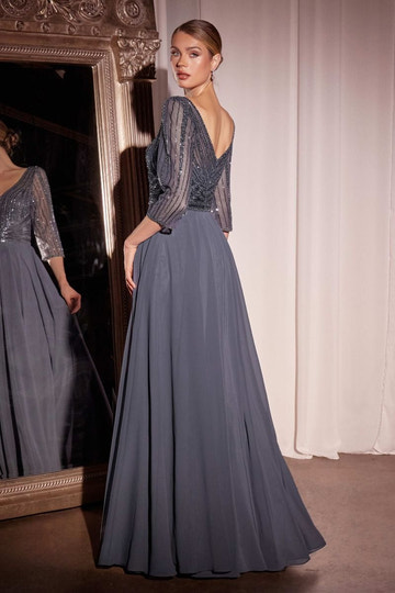 Vestido maxi de chifón con cuello en V, corpiño de cuentas y manga 3/4 transparente con lentejuelas – Elegante vestido formal de noche para bailes de graduación, bodas, damas de honor y ocasiones especiales
