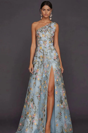 Romantic Floral Embroidered A-Line One Shoulder Sleeveless Backless Long Prom Dress