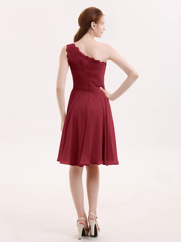 One Shoulder Lace Top A-Line Knee-Length Chiffon Bridesmaid Homecoming Short Dress