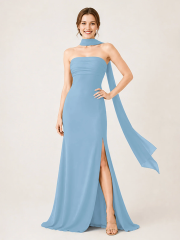 Strapless Ruched Chiffon Mermaid Bridesmaid Dress with Choker Scarf & High Slit