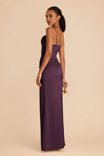Elegant Satin Cowl Neck Bridesmaid Dress - Floor-Length, Spaghetti Straps Ruched Waist, Open Back & Leg Slit
