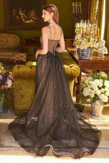 Art Deco Inspired Beaded Sheer Evening Gown - Black & Nude Spaghetti Strap Mermaid Dress