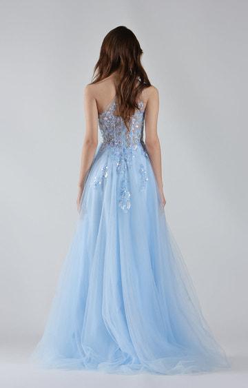 Vestido de fiesta de noche formal maxi de tul con un hombro y apliques florales de lentejuelas, estilo princesa, corte A, para mujer