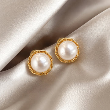 Gold-Tone Pearl Stud Earrings with Circular Wire Frame