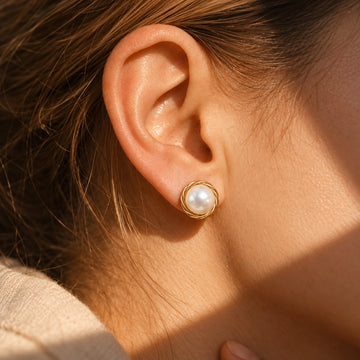 Gold-Tone Pearl Stud Earrings with Circular Wire Frame