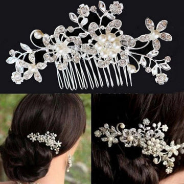 Silver-Tone Floral Pearl Crystal Bridal Hair Comb