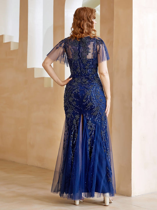 Navy Blue Beaded Tulle Evening Gown Sweetheart Neckline Short Flutter Sleeve Mermaid Maxi Dress for Mother of the Bride and Formal Events