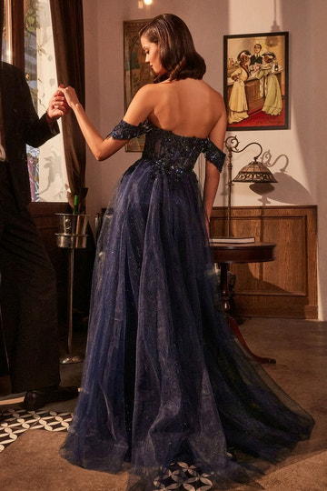 A-Line Dress Off-the-Shoulder Beaded Floral Applique Sheer Corset Bodice Tulle with High Slit Evening Gown for Wedding