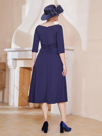 Royal Blue V-Neck 3/4 Sleeve Ruched Waist Midi Dress for Mother of the Bride and Wedding Guest Events