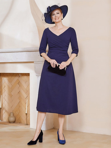 Royal Blue V-Neck 3/4 Sleeve Ruched Waist Midi Dress for Mother of the Bride and Wedding Guest Events