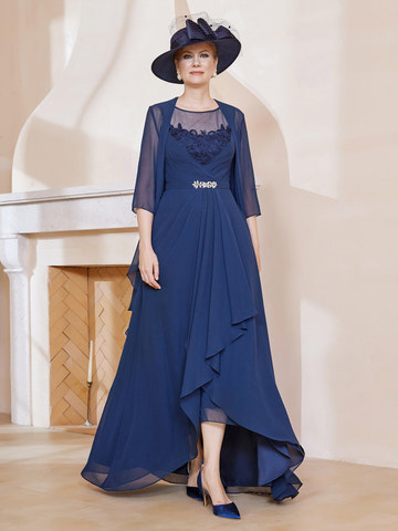 Navy Blue Chiffon Mother of the Bride Gown Sheer Neck Lace Bodice High-Low Dress with Chiffon Jacket and Beaded Belt