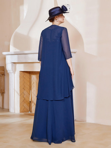 Navy Blue Chiffon Mother of the Bride Gown Sheer Neck Lace Bodice High-Low Dress with Chiffon Jacket and Beaded Belt