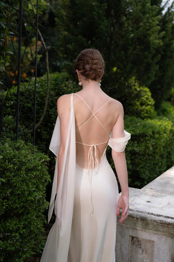 Romantic Mermaid Cowl Off‑Shoulder Lace‑Up‑Back Floor‑Length Wedding Dress