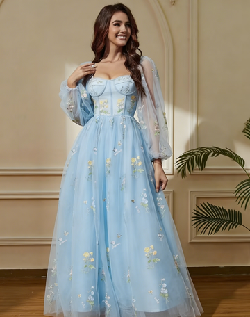 Women's Elegant Vintage Midi Cocktail Dress with Sweetheart Neckline & Sheer Long Sleeves A-Line Floor-Length Formal Prom Dresses