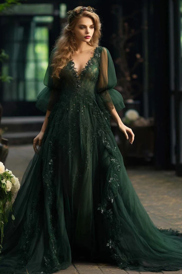 Romantic A Line Deep V-Neck Lace Tulle Maxi Dress with Puff Sleeves Prom Dress Embellished Tulle Wedding Gowns