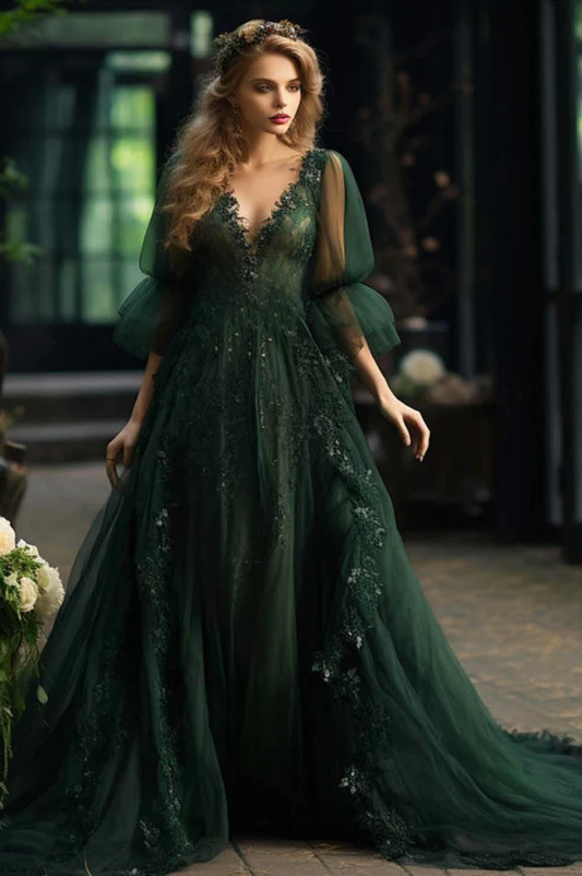 Romantic A Line Deep V-Neck Lace Tulle Maxi Dress with Puff Sleeves Prom Dress Embellished Tulle Wedding Gowns