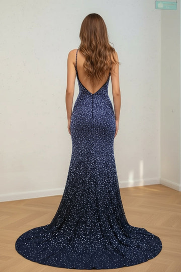 Vestido de Fiesta Largo con Cuentas Brillantes Escote en V Espalda Abierta y Cola Barrida
