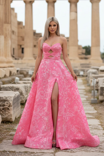 Elegante Vestido de Fiesta Largo con Escote Corazón, sin Tirantes, Jacquard Floral Rosa, Cintura con Aberturas y Abertura Alta