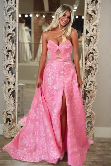 Elegante Vestido de Fiesta Largo con Escote Corazón, sin Tirantes, Jacquard Floral Rosa, Cintura con Aberturas y Abertura Alta