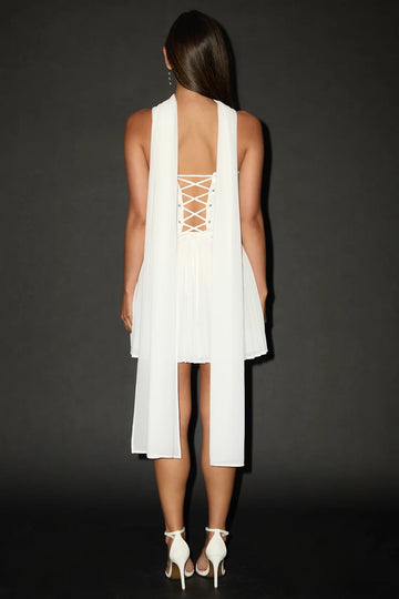 Back view of Vedress white strapless mini dress with corset lace up open back and long hanging chiffon sash fo