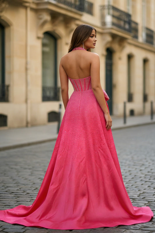 Sexy A-Line Hot Pink Halter Neck Beaded Evening Gown with Bow and High Slit Prom Dresses