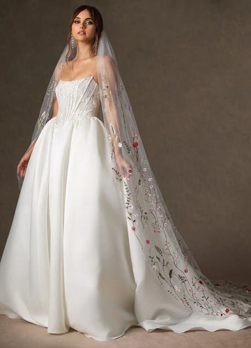 Romantic Sheer Tulle Multicolor Floral Embroidered Cathedral Length Bridal Wedding Veil