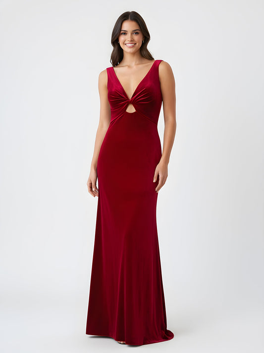 Burgundy Velvet Evening Gown Deep V-Neck Twist Front Cutout Slim Fit Mermaid Maxi Dress for Cocktail Parties and Red Carpet Moments