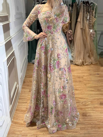 Romantic A-Line Square Neck Long Sleeve Illusion Back Floor-Length Prom Dress