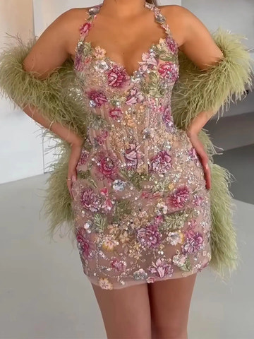 Vedress floral sequin halter V-neck mini prom dress with pink 3D flower appliques