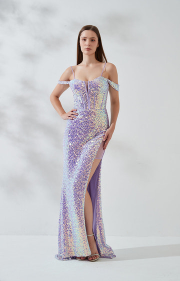 Vestido de Noche de Sirena con Lentejuelas, Hombros Descubiertos, Brillo, Abertura Alta y Escote Corazón, Vestido Formal de Fiesta de Graduación